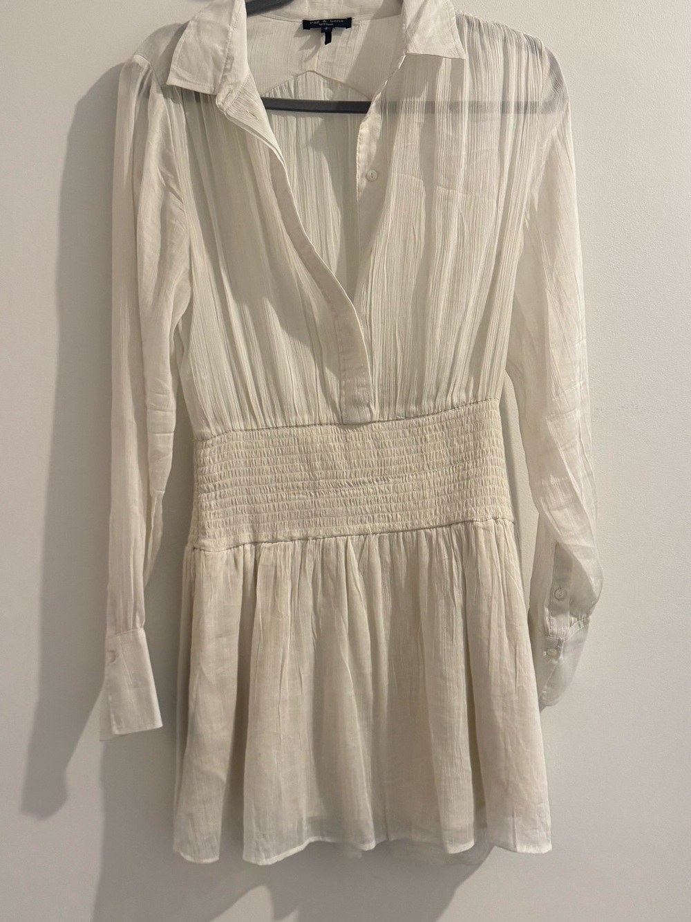 Rag & Bone Lightweight White Long-Sleeve Smocked Waist Dress